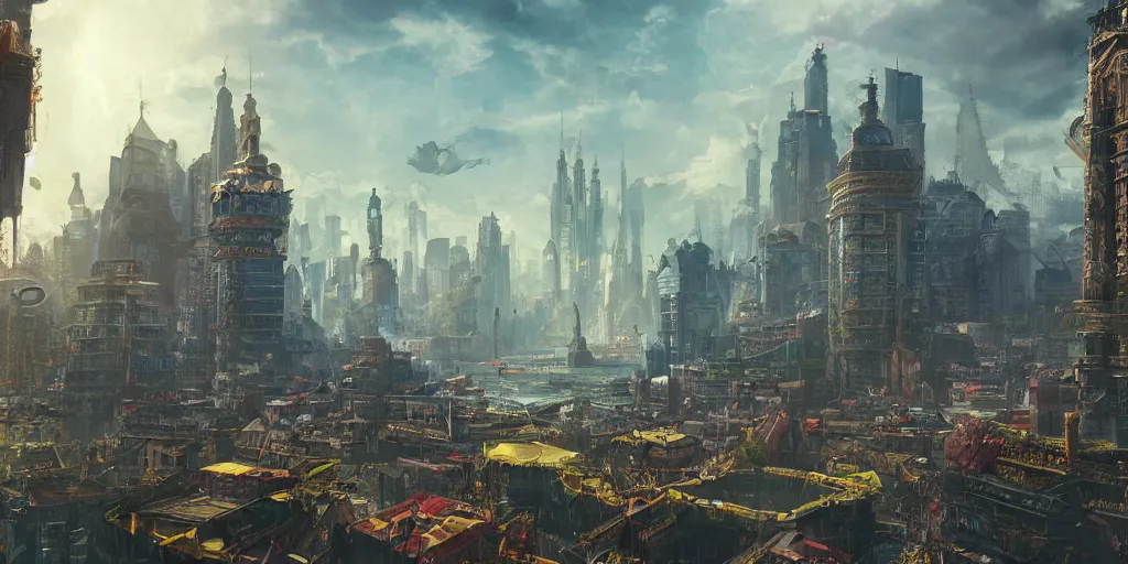 Prompt: a utopian city, filled with fauna, with building floating around everywhere, doctor strange, dynamic lighting, fantasy concept art, trending on art station, stunning visuals, creative, cinematic, intricately detailed, unreal engine, 4 k