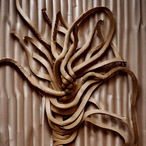 Prompt: tentacles made of brown corrugated cardboard, cut out of cardboard, realistic photography, fantasy