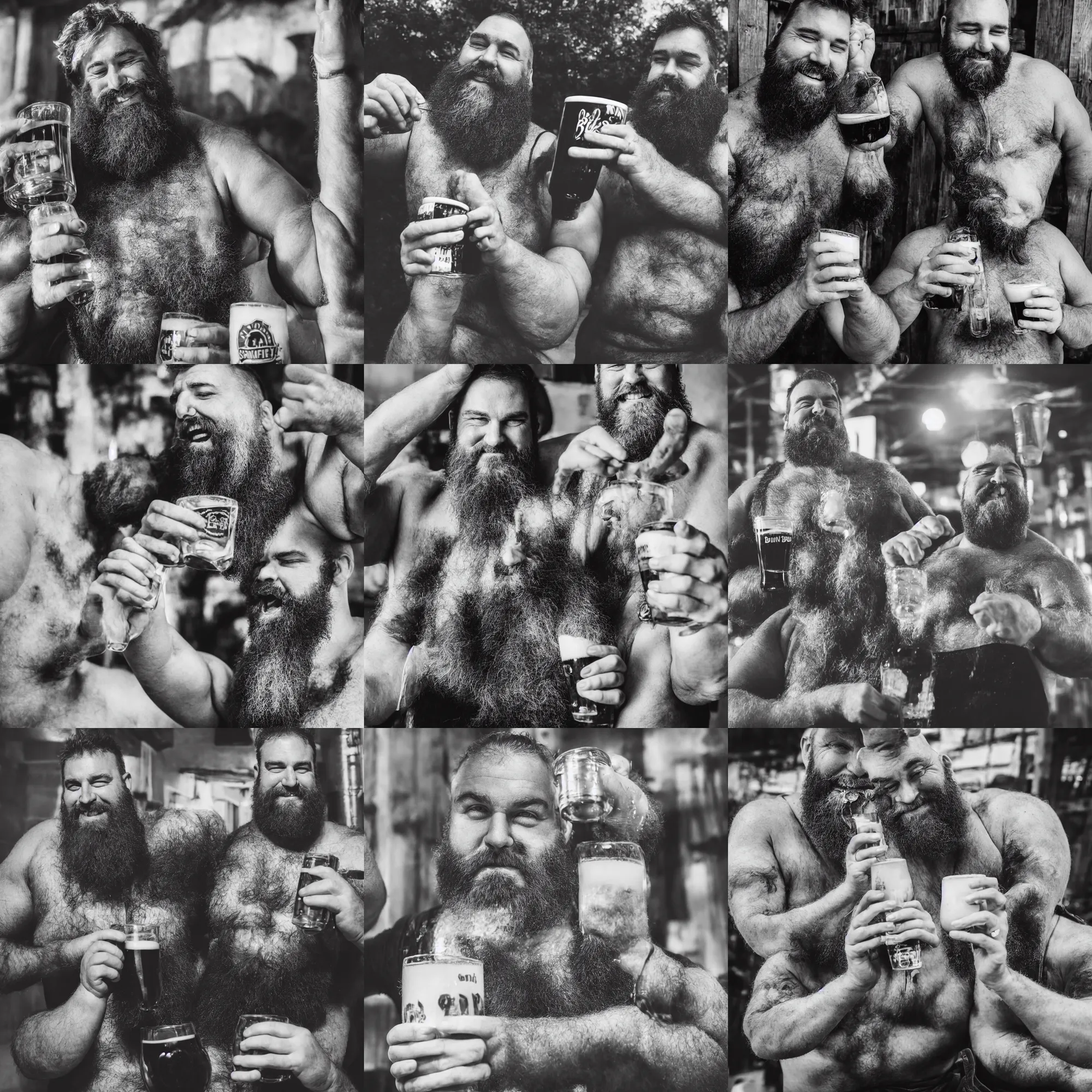 Prompt: Portrait of a big burly, brawny man with a thick soft beard drinking beer from a pint, smilling as the beer spills in his bead, black and white photography, use of shadows