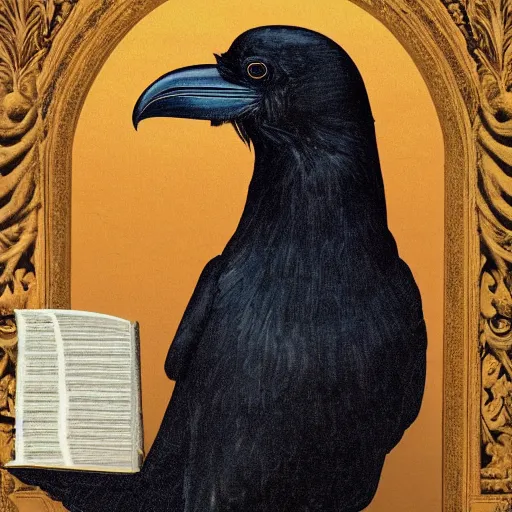 Prompt: beautifully detailed portrait of a detailed raven looking at a book laid out on a golden silk cloth, in a serene beautiful stone arched garden at beautiful sunrise by pascal blanche and frederic leighton and by rosetti and sidney cooper, 4 k, artstation