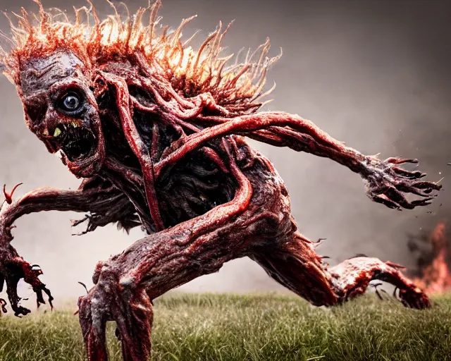 Image similar to 2 0 0 mm photography of an infected burnt fungal horror giant zombie running sprinting. highly detailed 8 k. intricate. lifelike. nikon d 8 5 0. motion blur