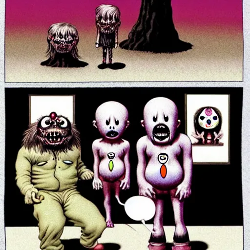 Prompt: a creepy family, by richard corben and takashi murakami