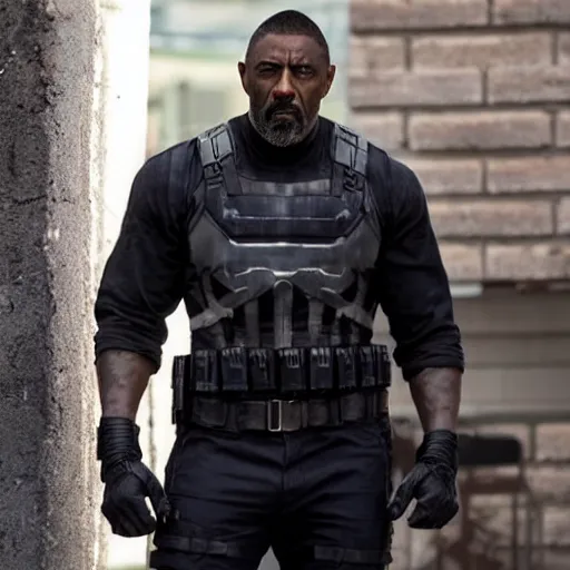 Prompt: film still of Idris Elba as Punisher in new Marvel film, photorealistic 8k