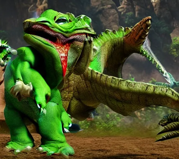 Image similar to yoshi in monster hunter, green dinosaur