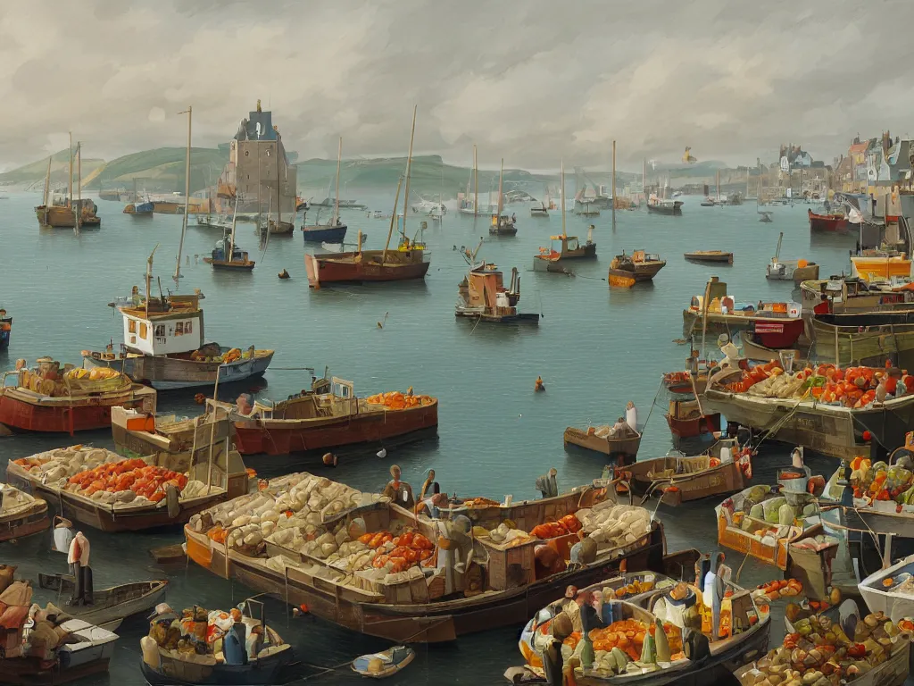Image similar to a detailed gouache painting illustration of a typical English coastal fish market , by Michiel Schrijver, ultra-hd, sharp focus, isometric