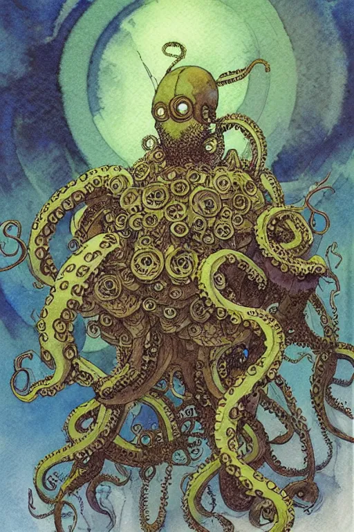 Prompt: a simple and atmospheric watercolour fantasy character concept art portrait of a mechanized android octopus as a druidic warrior wizard looking at the camera with an intelligent gaze, very muted colors, by rebecca guay, michael kaluta, charles vess and jean moebius giraud