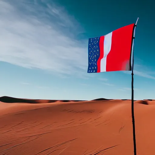 Prompt: gwenn - ha - du flag in the middle of a desert, gopro photograph, drone shot