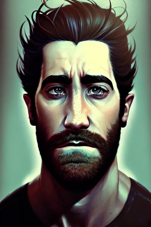 Prompt: portrait of jake gyllenhaal with a dramatic facial expression, by wlop, greg rutkowski, and peter mohrbacher, extremely detailed shading, concept art, character design, digital painting, trending on artstation, unreal engine 5, octane render, atmosphere, glow, cinematic lighting, full of color