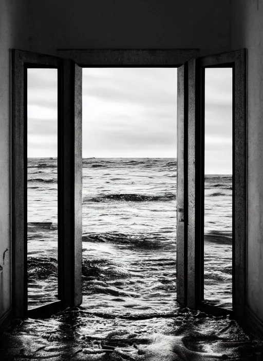 Prompt: seawater spilling through an open door, in the style of the Dutch masters and Gregory Crewdson, dark and moody