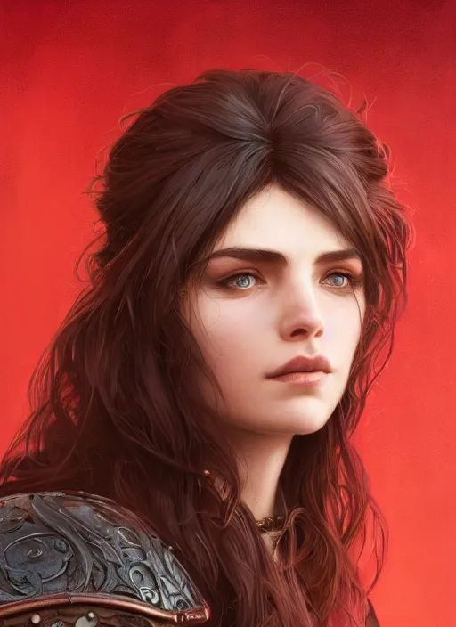 Image similar to vertical portrait of a ruggedly handsome female cleric, soft hair, close - up face, leather, witchy, d & d, fantasy, intricate, elegant, highly detailed, digital painting, artstation, concept art, smooth, sharp focus, illustration, art by artgerm and greg rutkowski and alphonse mucha, plain red background