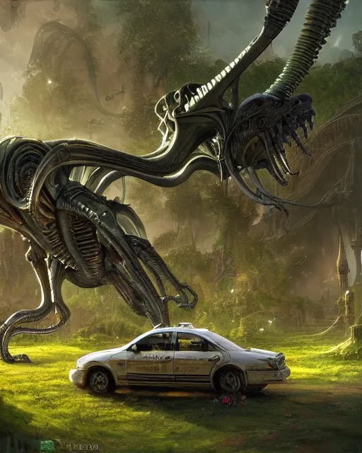 Image similar to xenomorph taxi car in a fantasy village, calming, uplifting mood, ultra realistic, farm, small buildings, highly detailed, atmosphere, masterpiece, epic lighting, elves, green plants, magic, illuminated, 4 k, cinematic, morning sun, art by eddie mendoza and sylvain sarrailh and jonathan berube