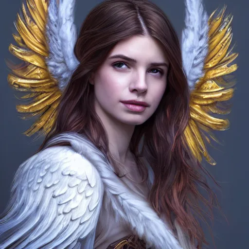 Image similar to portrait of young aasimar angel girl maiden wearing comfy leather armor with beautiful feathered angel wings, cute face, brown eyes, Alison Williams, Emma Roberts, Blizzard, Diablo, by artgerm and greg rutkowski and alphonse mucha and andrei riabovitchev, 4k oil on linen, vivid colors, colorful, high dynamic range, HDR, intricate, elegant, highly detailed, digital painting, artstation, concept art, smooth, sharp focus, illustration