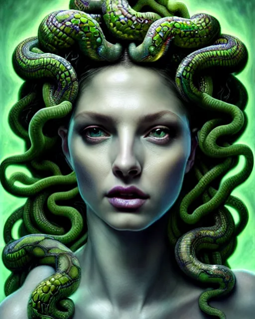Image similar to hyperrealistic mixed media painting of beautiful Medusa, many green scaley serpents in her hair, gray stony skin, seductive expression, full body, stunning 3d render inspired art by P. Craig Russell and Barry Windsor-Smith + perfect facial symmetry + dim volumetric lighting, 8k octane beautifully detailed render, post-processing, extremely hyperdetailed, intricate, epic composition, grim yet sparkling atmosphere, cinematic lighting + masterpiece, trending on artstation, very very detailed, masterpiece, stunning
