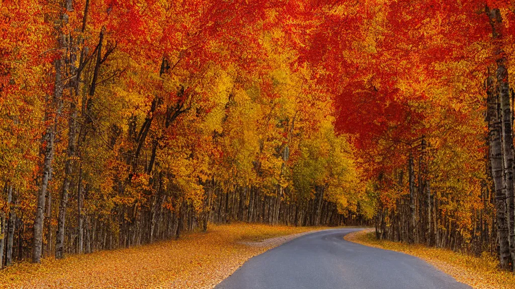 Prompt: a photograph of a country! road lined on both sides by maple and poplar trees, in the autumn, red orange and yellow leaves, some leaves have fallen and are under the trees and on the road
