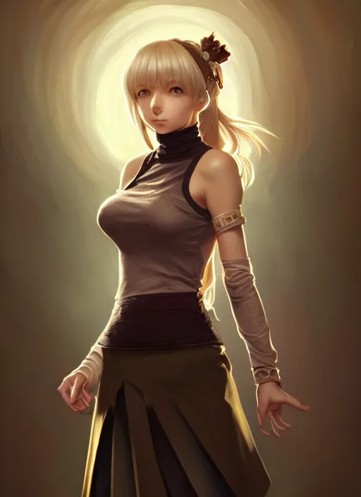 Image similar to portrait of a full body of beautiful young female detective, d & d, sleeveless turtleneck, pleated skirt, fantasy, flat lighting, intricate, highly detailed, digital painting, artstation, concept art, smooth, sharp focus, illustration, misa amane, art by simon bisley and greg rutkowski and alphonse mucha, natural tpose