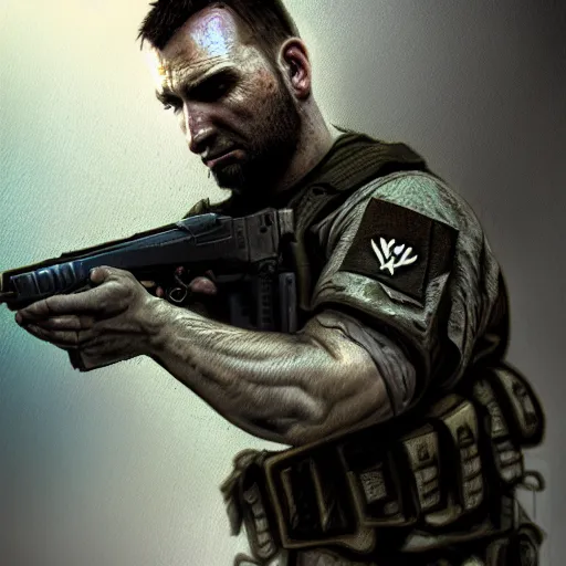 Image similar to a portrait of a John soap mactavish ,call of duty, military , game concept art, illustration, modern warfare, HDR, natural light, shoulder level shot, dynamic pose, award winning photograph, Mucha style, 8k,