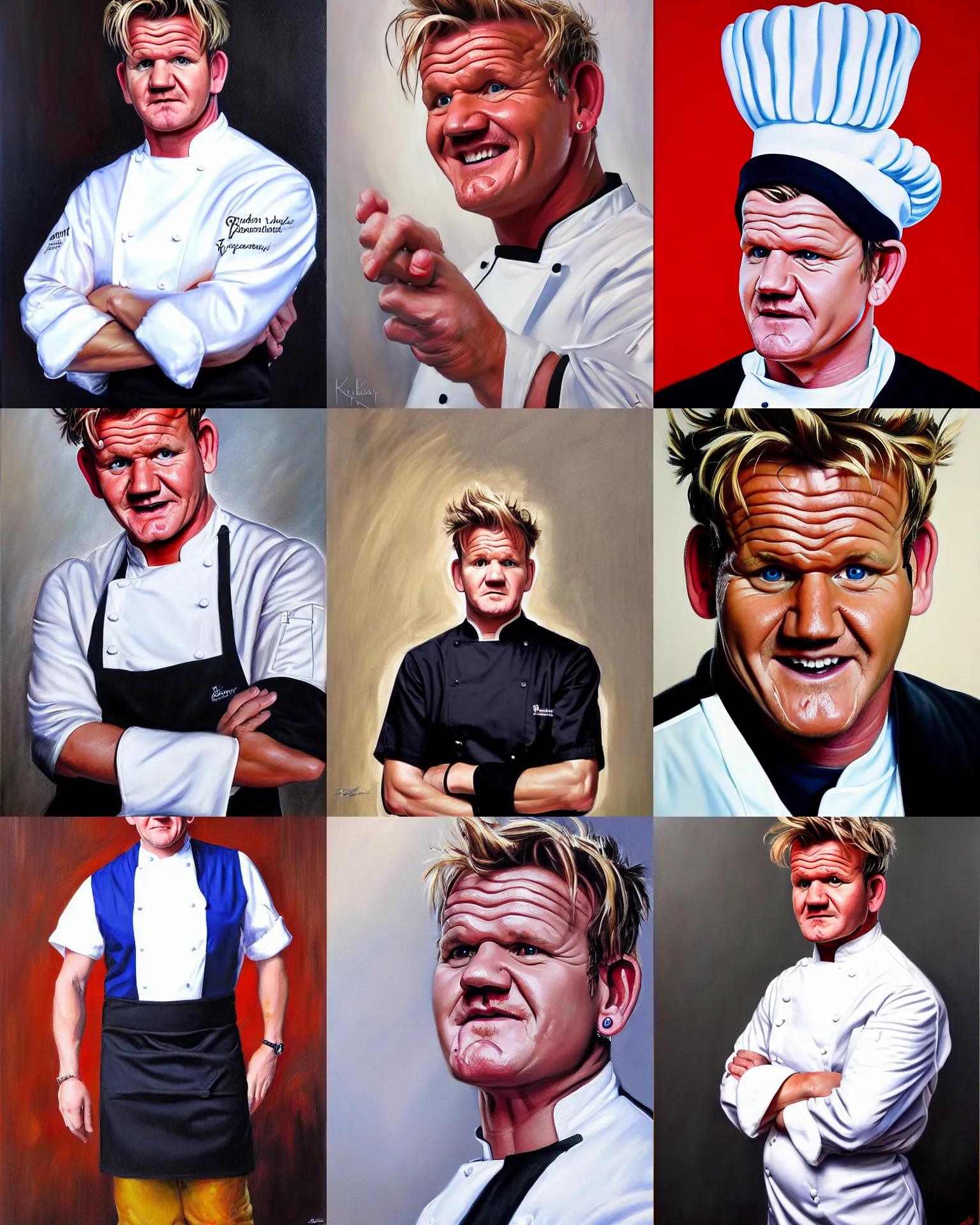 Prompt: a portrait painting of gordon ramsay in a chef uniform, a fine art painting by mort kunstler, featured on deviantart, precisionism, oil on canvas, detailed painting, hyper realism