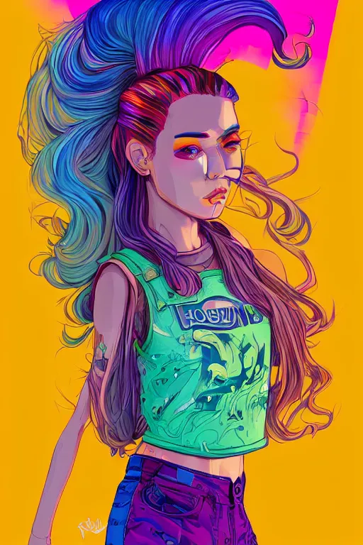 Image similar to a award winning half body portrait of a beautiful woman with stunning eyes in a printed croptop and cargo pants with rainbow colored ombre hairstyle head in motion and hair flying by josan gonzales, outrun, vaporware, shaded flat illustration, digital art, trending on artstation, highly detailed, fine detail, intricate