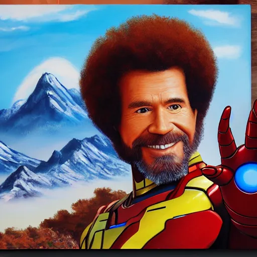 Prompt: a closeup photorealistic photograph of bob ross producing a canvas painting of iron man. mountain scape. film still, vibrant colors. this 4 k hd image is trending on artstation, featured on behance, well - rendered, extra crisp, features intricate detail, epic composition and the style of unreal engine.