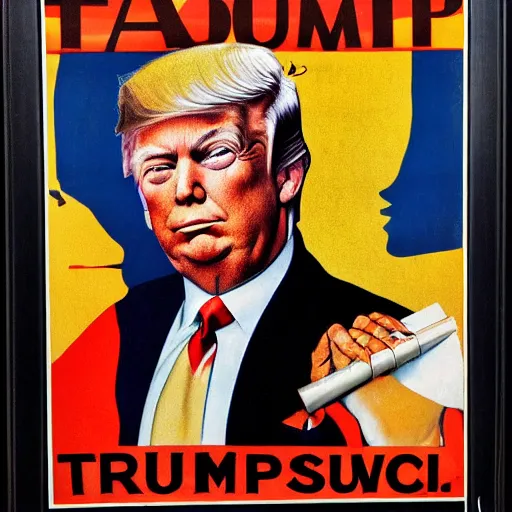 Image similar to a colorful 1920s propaganda poster of Donald trumps face looking at the camera, only his face, mosaic, high contrast, norman Rockwell,