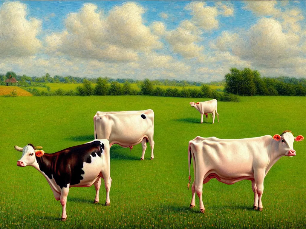 Prompt: a detailed painting of cow doing a yoga pose in a beautiful farm field in spring, aesthetically pleasing and harmonious natural colors, art by tiffany bozic, impressionism, detailed