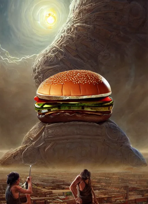 Prompt: an ancient civilization constructing an enormous cheeseburger, under construction, building, cosmic horror painting, elegant intricate digital painting artstation concept art by mark brooks and brad kunkle detailed