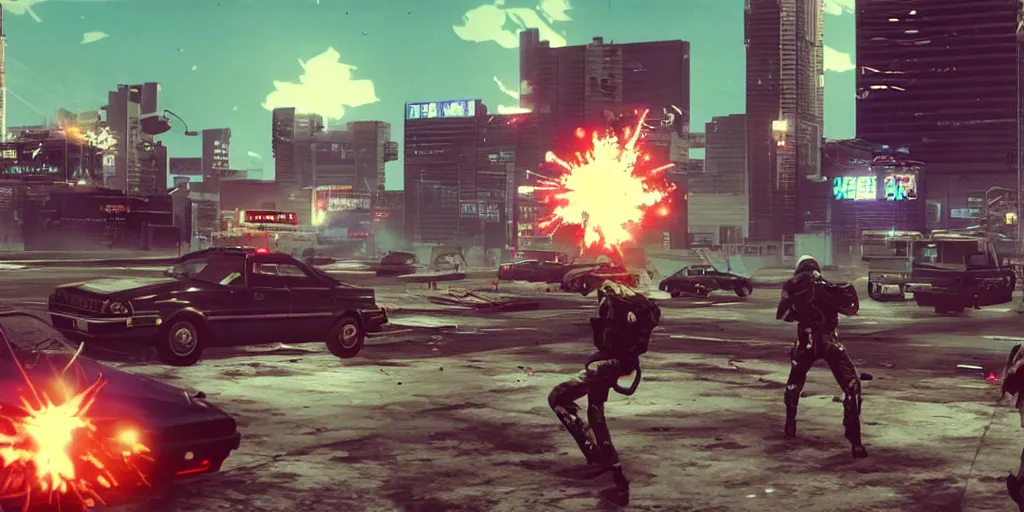 Image similar to 1985 Video Game Screenshot, Anime Neo-tokyo Cyborg bank robbers vs police, bags of money, Helipad, Multiplayer set-piece, Rooftop, Police officer hit, Bullet Holes and Blood Splatter, Hostages, Smoke Grenade, Sniper Fire, Chaotic, Cyberpunk, Money, Anime Bullet VFX, Machine Gun Fire, Violent, Action, FLCL, Shootout, Highly Detailed, 8k :4 by Katsuhiro Otomo + Studio Gainax + Arc System Works : 8