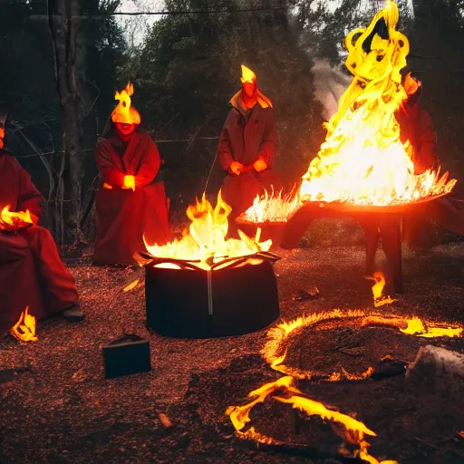 Prompt: a gathering of yellow raincoat wearing cat magicians summon a fire goddess from the depths of a raging fire pit, flames are emerging from fissures in the ground.