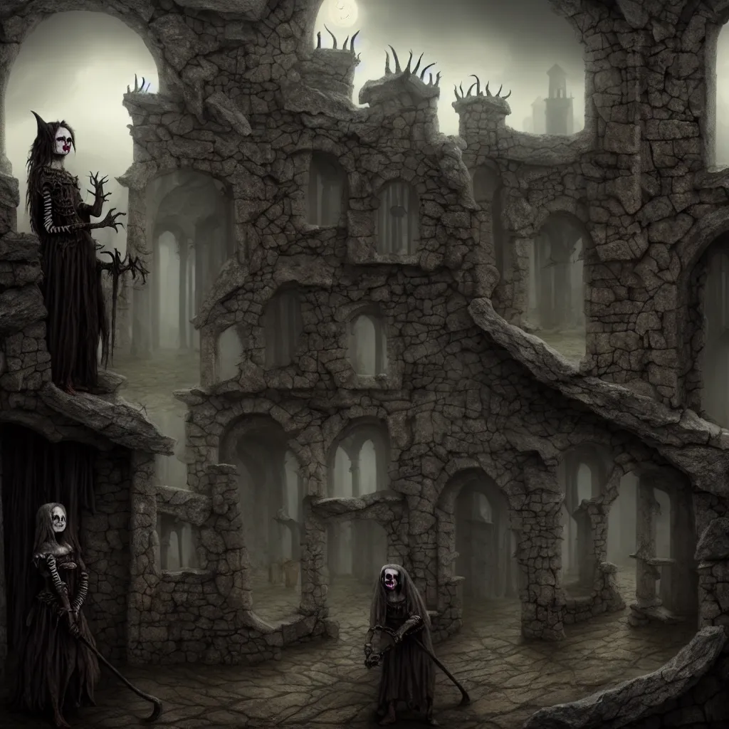 Prompt: evil witches wearing animal bones, bones, old stone walls, a detailed matte painting, fantasy, foggy, dark, 8 k