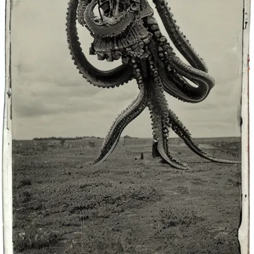 Image similar to tintype, wide view, thundra ufo crash site, team of scientists studying captured alien octopus, photorealistic, highly detailed