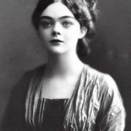 Prompt: headshot edwardian photograph of elle fanning, 1 9 1 0 s, 1 9 0 0 s, 1 9 2 0 s, grainy, victorian, detailed, slightly blurry