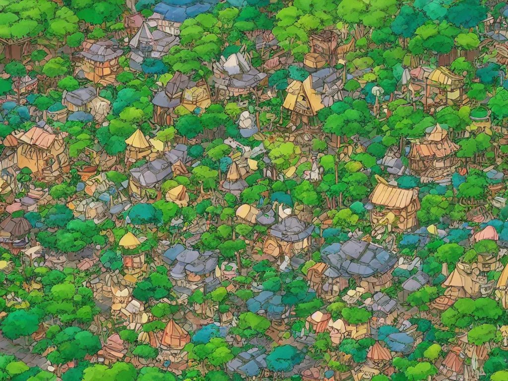 Prompt: a microscopic village in the deep jungle, studio ghibli, anime, flat colors, 8 k wallpaper, trending on artstation
