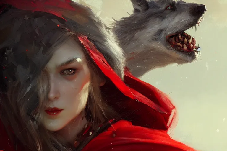 Image similar to red riding hood, wolf, close up, sunlit, paint texture, digital painting, highly detailed, artstation, sharp focus, illustration, concept art, ruan jia, charlie bowater, tom bagshaw, norman rockwell