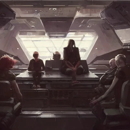 Image similar to concept art by greg rutkowski, a very tall, and slender woman with blond hair, sitting with the crew in the ship's flight deck, brutalist futuristic interior, dark lighting atmosphere, detailed portraits, nostalgic atmosphere, scifi, digital painting, artstation, concept art, smooth, sharp foccus ilustration, artstation hq