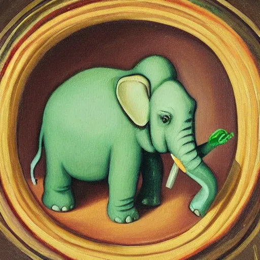 Image similar to cute little green elephant cleaning out a toilet with big toothbrush, dramatic, oil painting by Raphael