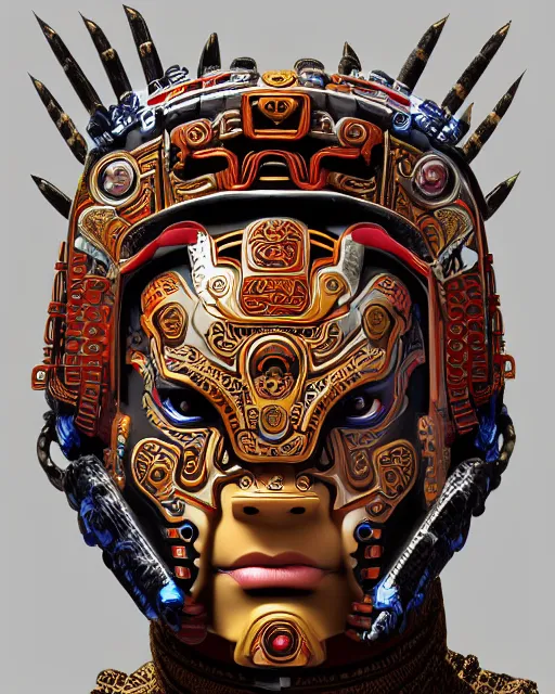 Prompt: portrait of a mayan masculine male cyberpunk jaguar warrior, machine face, upper half portrait, decorated with chinese opera motifs, muscular, latin, fine china, wuxia, traditional mayan art, intricate intense elegant, highly detailed symmetry headpiece digital painting artstation concept art smooth sharp focus illustration, art by moebius and frank miller diego rivera 8 k