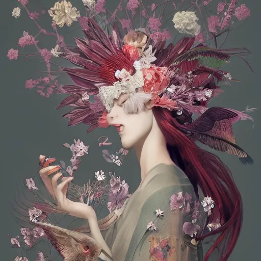 Image similar to 3 / 4 view of a beautiful girl wearing an origami dress, eye - level medium shot, fine floral ornaments in cloth and hair, hummingbirds, elegant, by eiko ishioka, givenchy, carl - gustav carus, by peter mohrbacher, centered, fresh colors, origami, fashion, detailed illustration, vogue, japanese, reallusion character creator