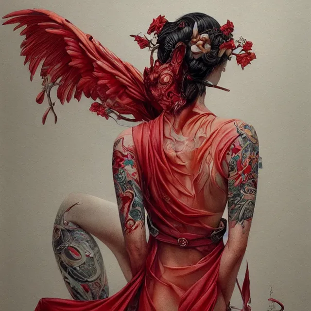 Image similar to ultra realistic illustration, beautifulwoman dressed in red kimono, backview, tattoos, in the style of peter mohrbacher by weta digital and beth cavener, high face symmetry, intricate, masterpiece, award winning, high face symmetry, intricate