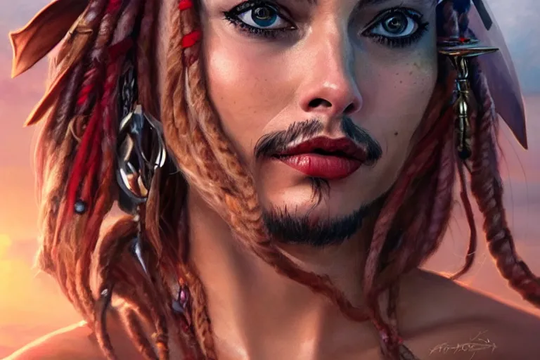 Image similar to beautiful portrait photo of Margot Robbie as Jack Sparrow pirate, elegant, sun shines in the sky, blood in the seahighly, dramatic lighting, detailed, digital painting, artstation, concept art, smooth, sharp focus, illustration, art by artgerm