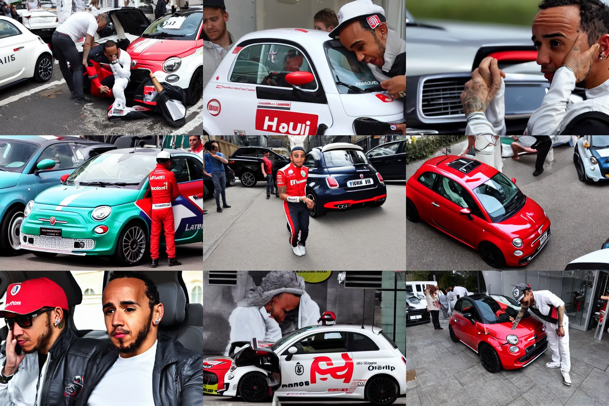 Prompt: lewis hamilton crying and driving old fiat 5 0 0