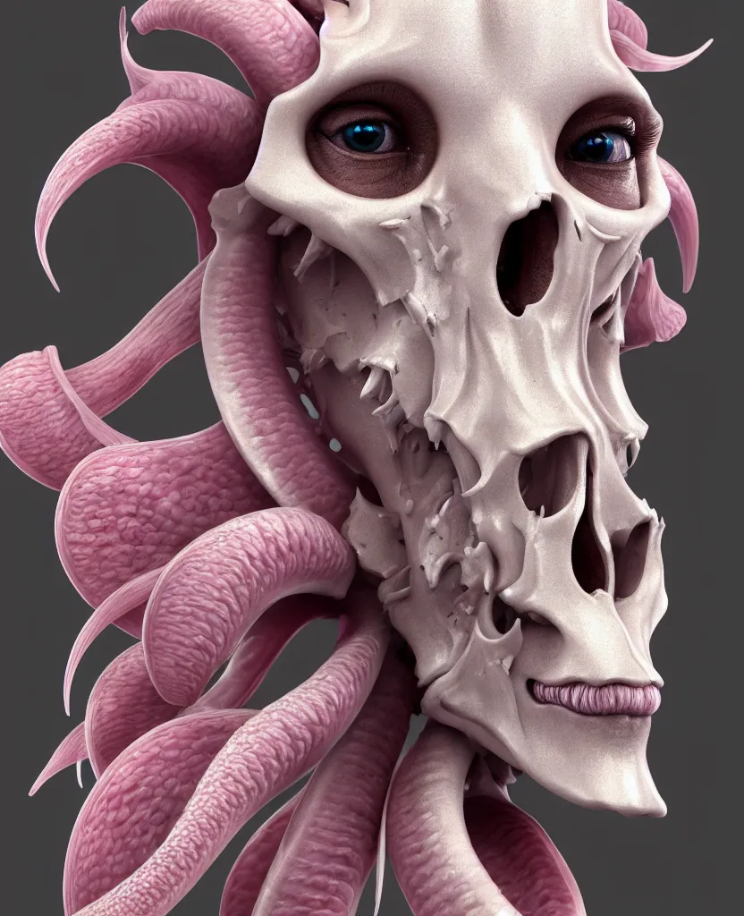 Image similar to goddess princess face close-up portrait ram skull. hard surface modelling zbrush. jellyfish phoenix head, nautilus, orchid, skull, betta fish, bioluminiscent creatures, intricate artwork by Tooth Wu and wlop and beeple. octane render, trending on artstation, greg rutkowski very coherent symmetrical artwork. cinematic, hyper realism, high detail, octane render, 8k