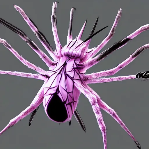 Image similar to Kumoko, a White and black patterened spider with pink eyes and spikes on it's back, CGI, anime, Kumo Desu ga Nani ka?, digital 3D drawing, sharp focus, concept-art