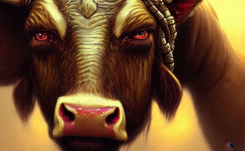 Image similar to cow warrior as a realistic fantasy knight, closeup portrait art by donato giancola and greg rutkowski, realistic face, digital art, trending on artstation, symmetry!!