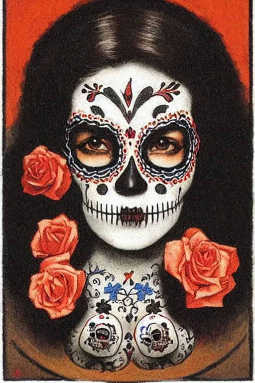 Image similar to Illustration of a sugar skull day of the dead girl, art by alphonse osbert