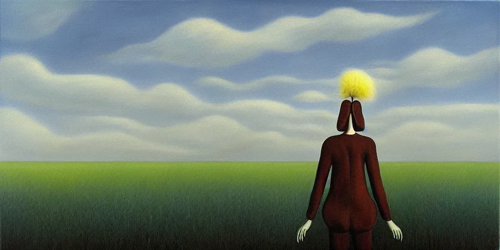 Image similar to a painting of a person standing in a field, a surrealist painting by bridget bate tichenor, cg society, surrealism, surrealist, lovecraftian, henry moore