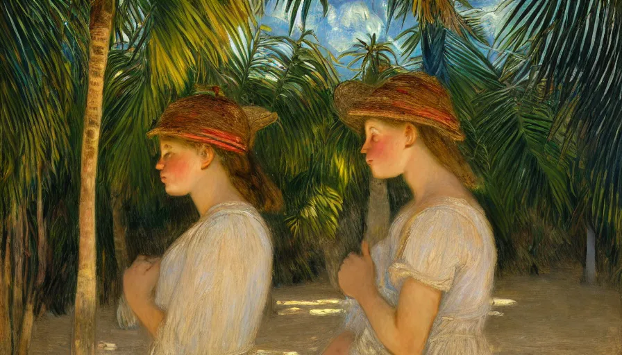 Image similar to a ultradetailed beautiful painting of a girl in the amazonas palace designed by jules bastien - lepage, hans belmer, frank weston and gustave baumann, beach, trending on artstation, mediterranean, palm trees, light sparkles, sharp focus, soft light, 8 k 4 k