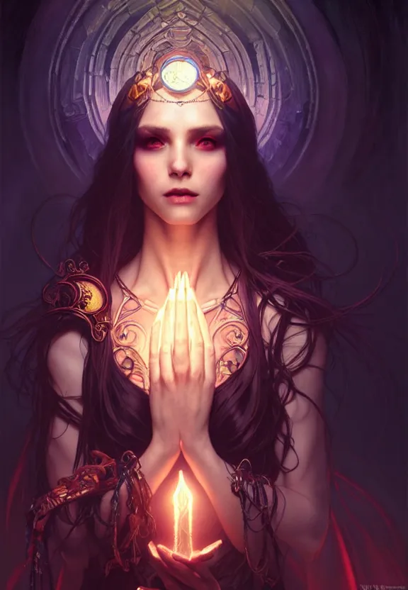 Image similar to Necromancer Sorceress in center, fantasy magic, undercut hairstyle, dark light night, intricate, elegant, sharp focus, illustration, highly detailed, digital painting, concept art, matte, art by WLOP and Artgerm and Greg Rutkowski and Alphonse Mucha, masterpiece