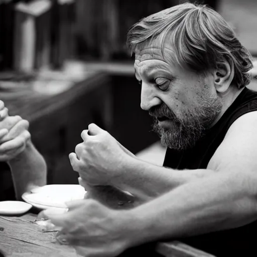 Image similar to Slavoj Zizek trying to eat a sandwich but it keeps disintegrating into both saliva and ideology before it gets to his mouth wearing a black t-shirt v-neck Dom Qwek igor wolski greg simpkins kirbi fagan alex heywood greg rutkowski john howe sergi brosa dave melvin sam nielson anthony sieben thomas duchek andree wallin adam adamowicz piotr kowalski bobby chiu jared nickerson jake souva marc sarmel goro fujita