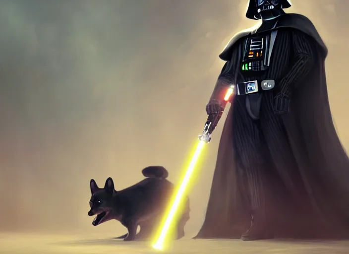 Image similar to a Photorealistic dramatic hyperrealistic render of darth vader with lightsaber drawn facing off against a cute corgi in battle, futuristic star wars vibe, by WLOP and Artgerm and Greg Rutkowski and Alphonse Mucha, Beautiful dynamic dramatic dark moody lighting, shadows, cinematic atmosphere, Artstation, concept design art, Octane render, 8K, masterpiece