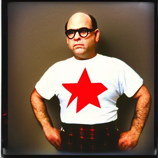 Image similar to polaroid george costanza wearing a hammer and sickle graphic tee, 1 9 9 0 s, colored, by nan goldin